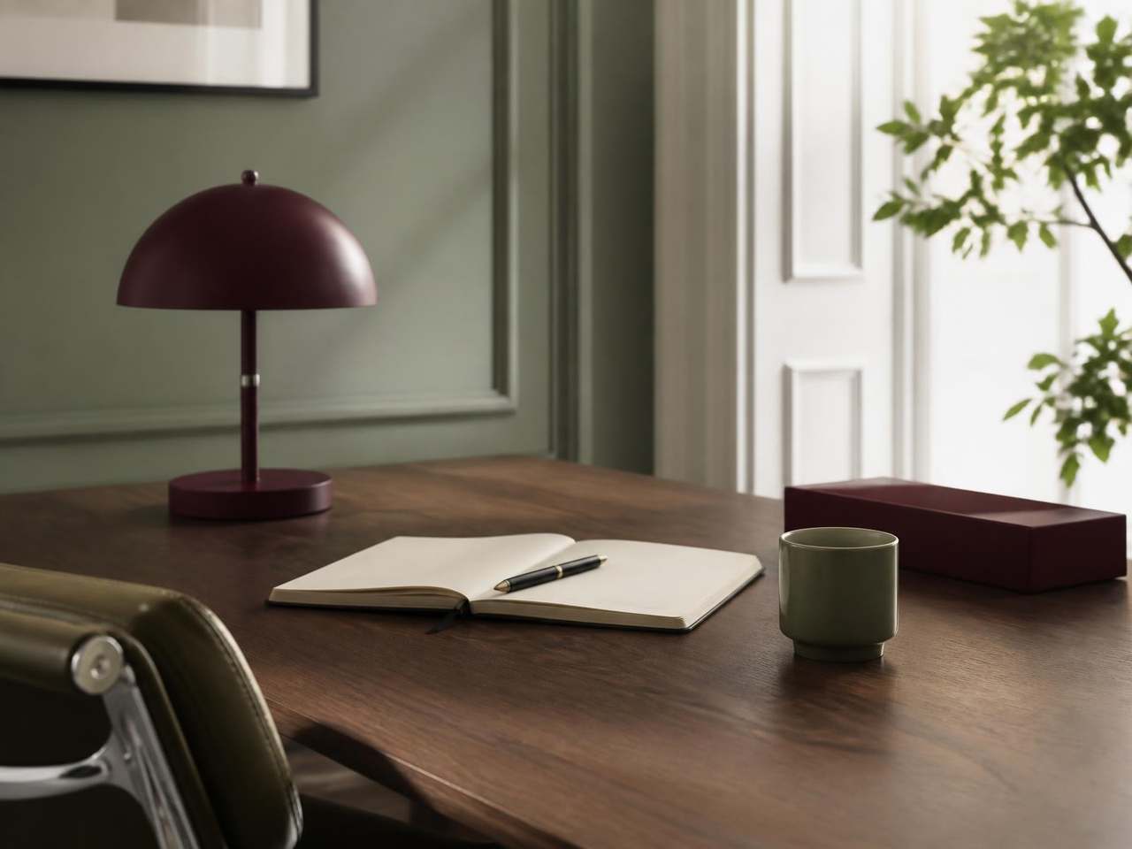 Angolo di uno studio professionale con luce naturale e libro aperto